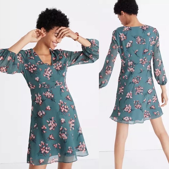 Madewell Dresses & Skirts - Madewell floral green long sleeves marguerite dress butterfly garden size 2
